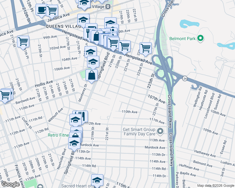 map of restaurants, bars, coffee shops, grocery stores, and more near 221-17 108th Avenue in Queens