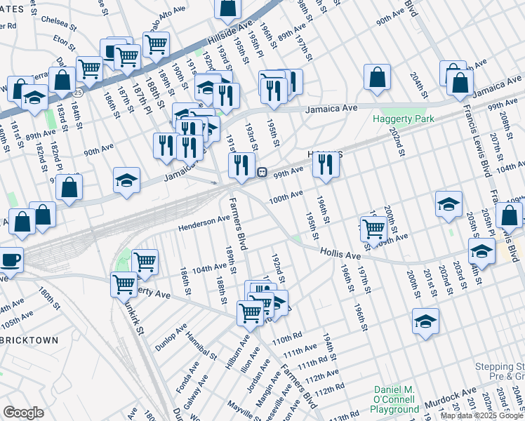 map of restaurants, bars, coffee shops, grocery stores, and more near 191-01 102nd Avenue in Queens