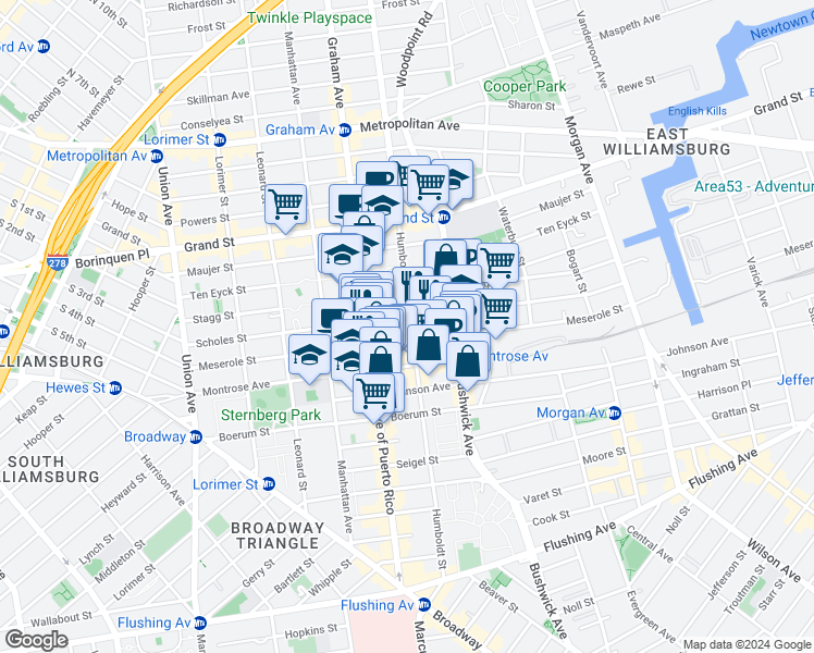 map of restaurants, bars, coffee shops, grocery stores, and more near 184 Scholes Street in Brooklyn
