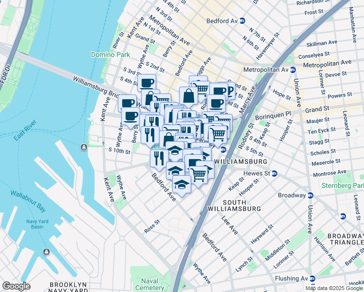 map of restaurants, bars, coffee shops, grocery stores, and more near 175 South 9th Street in Brooklyn