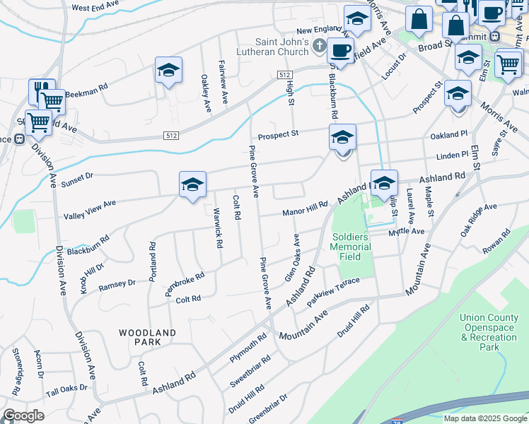 map of restaurants, bars, coffee shops, grocery stores, and more near 72 Pine Grove Avenue in Summit