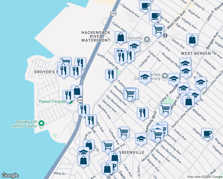 map of restaurants, bars, coffee shops, grocery stores, and more near 402 Armstrong Avenue in Jersey City