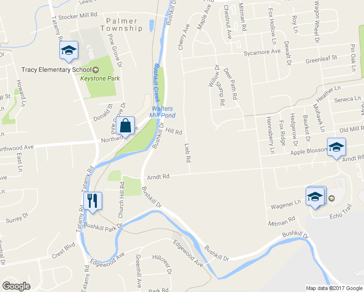map of restaurants, bars, coffee shops, grocery stores, and more near 1302 Lieb Road in Easton