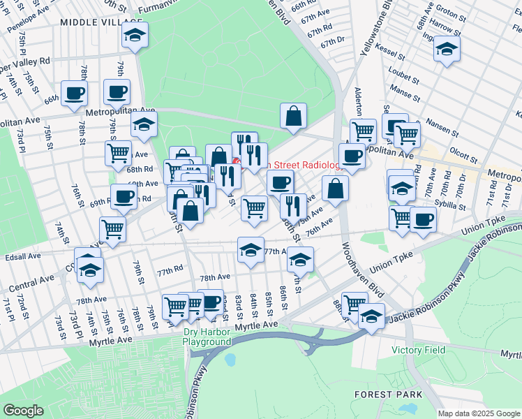 map of restaurants, bars, coffee shops, grocery stores, and more near 83-34 72 Drive in Queens