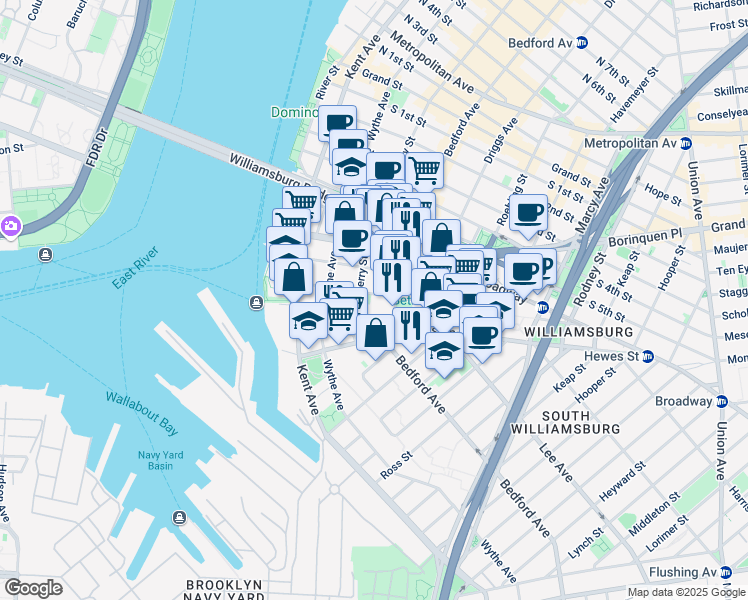 map of restaurants, bars, coffee shops, grocery stores, and more near 100 South 9th Street in Brooklyn