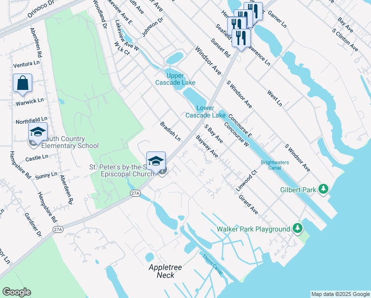 map of restaurants, bars, coffee shops, grocery stores, and more near 11 Admirals Drive East in Bay Shore