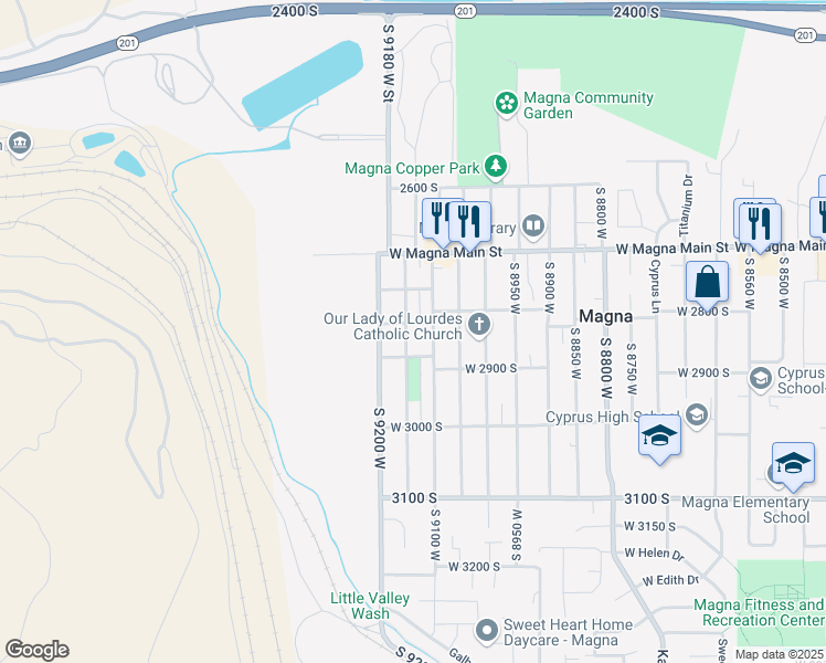 map of restaurants, bars, coffee shops, grocery stores, and more near 2829 South 9150 West in Magna