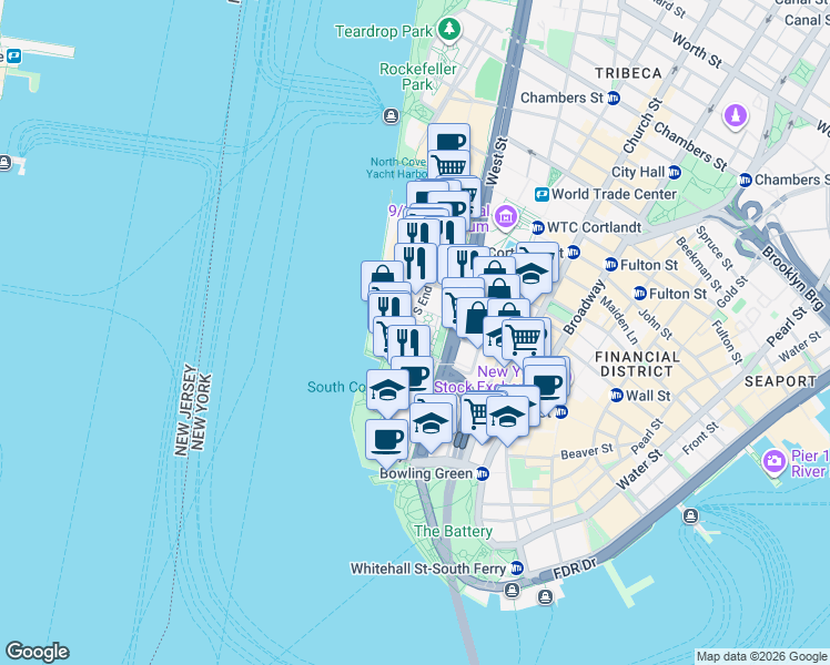 map of restaurants, bars, coffee shops, grocery stores, and more near 280 Rector Place in New York