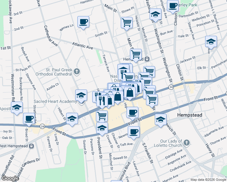 map of restaurants, bars, coffee shops, grocery stores, and more near 50 Jackson Street in Hempstead