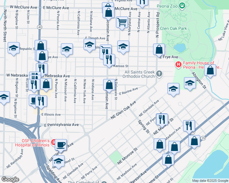 map of restaurants, bars, coffee shops, grocery stores, and more near 817 East Ravine Avenue in Peoria