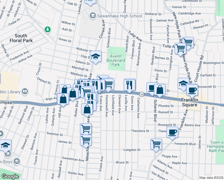 map of restaurants, bars, coffee shops, grocery stores, and more near 1276 Hempstead Turnpike in Elmont