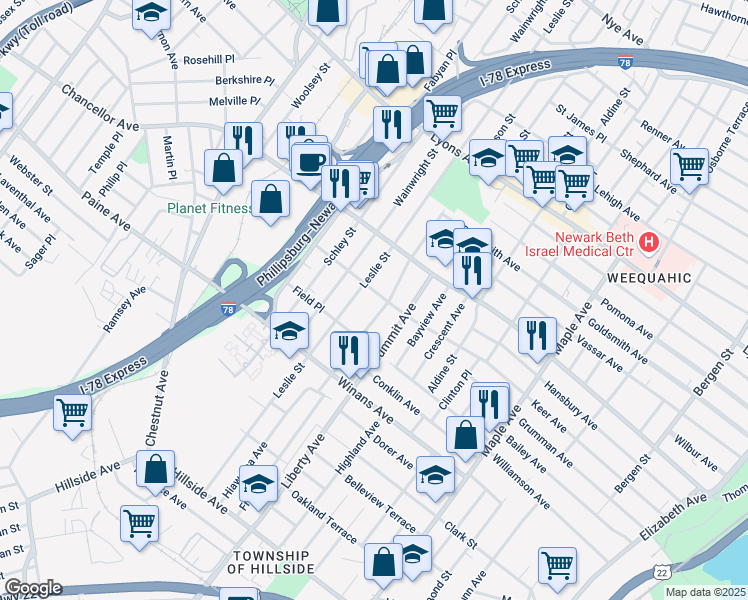 map of restaurants, bars, coffee shops, grocery stores, and more near 312-314 Keer Avenue in Newark