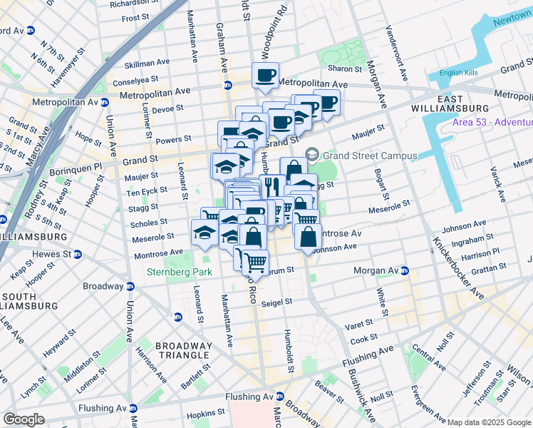 map of restaurants, bars, coffee shops, grocery stores, and more near 180 Scholes Street in Brooklyn