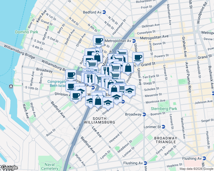 map of restaurants, bars, coffee shops, grocery stores, and more near 323 South 5th Street in Brooklyn