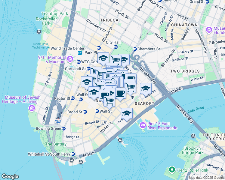 map of restaurants, bars, coffee shops, grocery stores, and more near William Street & John Street in New York