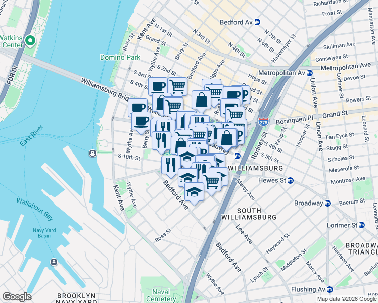 map of restaurants, bars, coffee shops, grocery stores, and more near 177 South 9th Street in Brooklyn