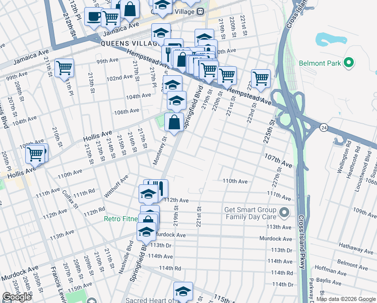 map of restaurants, bars, coffee shops, grocery stores, and more near 219-01 109th Avenue in Queens