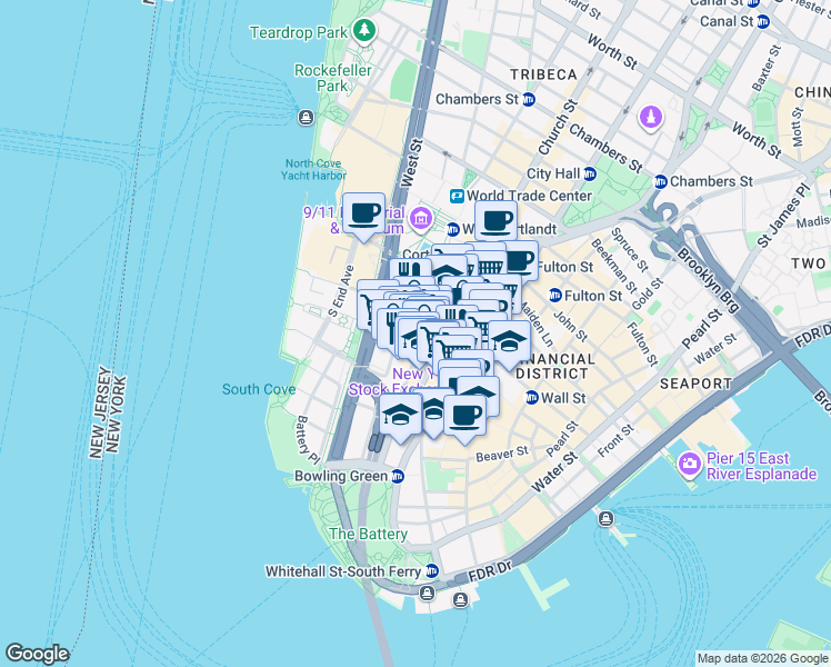 map of restaurants, bars, coffee shops, grocery stores, and more near 110 Greenwich Street in New York