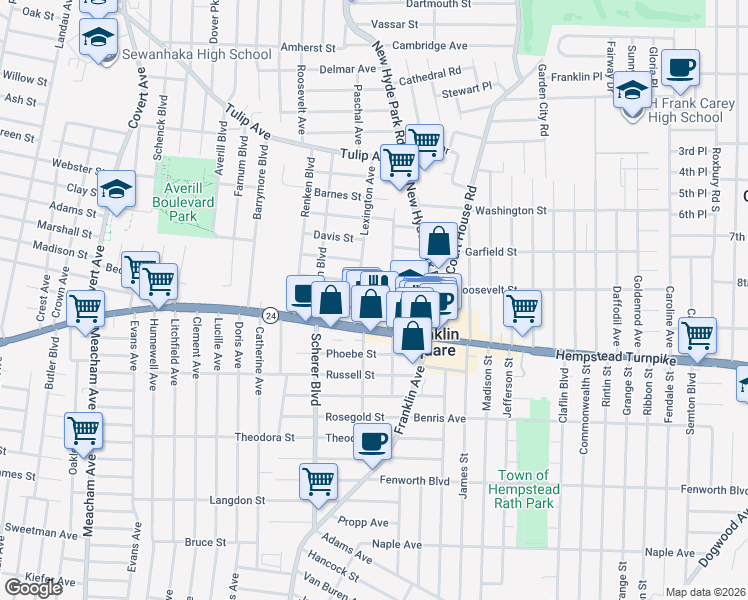 map of restaurants, bars, coffee shops, grocery stores, and more near 1038 Lloyd Street in Franklin Square
