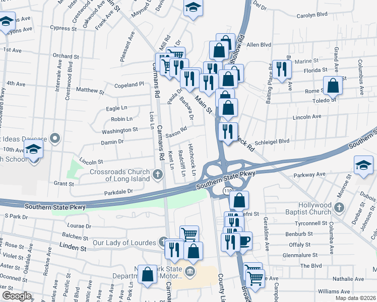 map of restaurants, bars, coffee shops, grocery stores, and more near 23 Hitchcock Lane in Farmingdale