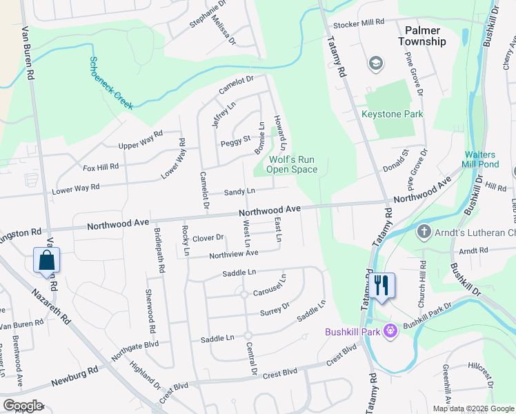 map of restaurants, bars, coffee shops, grocery stores, and more near 2513 Northwood Avenue in Easton