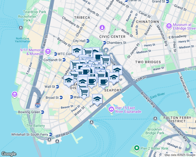 map of restaurants, bars, coffee shops, grocery stores, and more near 27 Cliff Street in New York