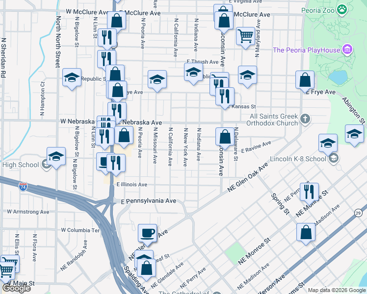 map of restaurants, bars, coffee shops, grocery stores, and more near 515 East Ravine Avenue in Peoria
