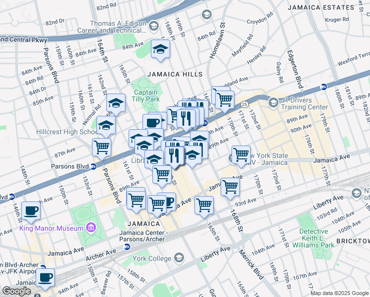 map of restaurants, bars, coffee shops, grocery stores, and more near 88-05 Merrick Boulevard in Queens