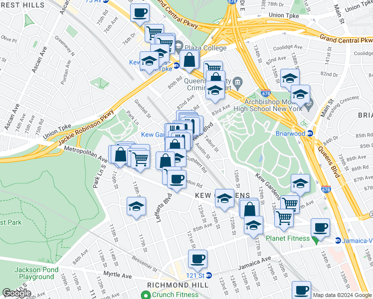 map of restaurants, bars, coffee shops, grocery stores, and more near 8309 Lefferts Boulevard in Queens