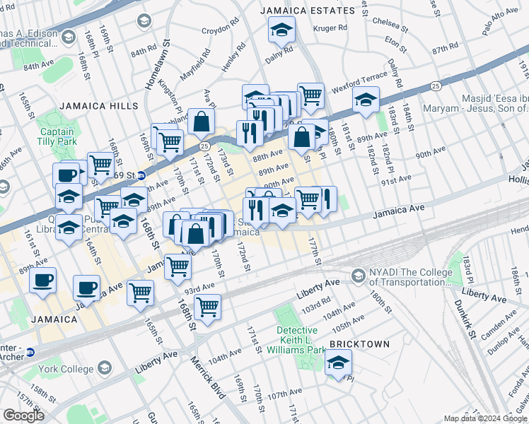 map of restaurants, bars, coffee shops, grocery stores, and more near 91-14 175th Street in Queens