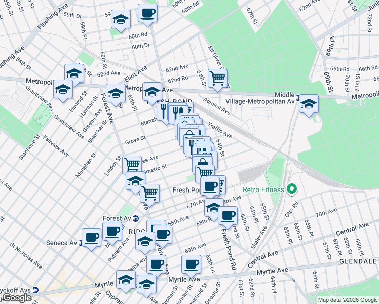 map of restaurants, bars, coffee shops, grocery stores, and more near 60-61 Palmetto Street in Queens