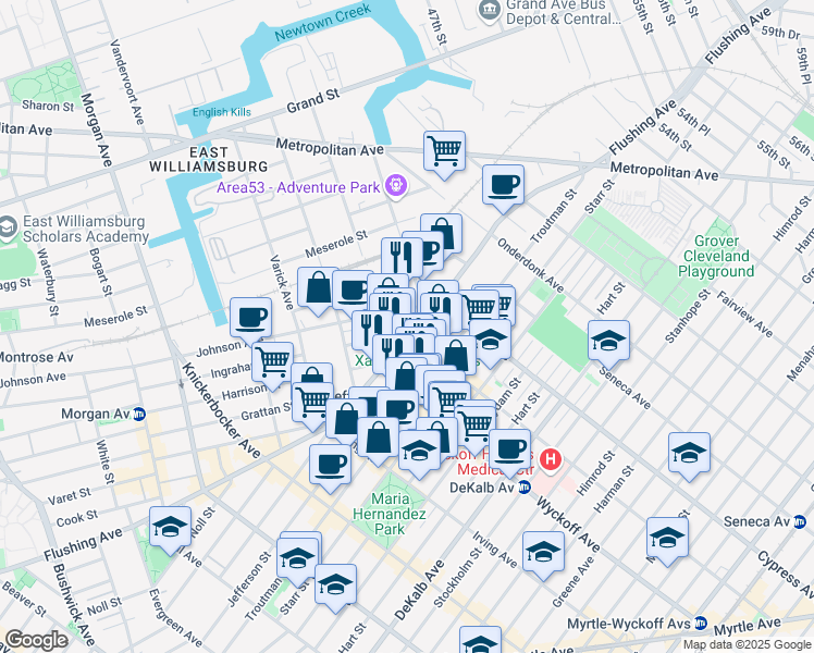 map of restaurants, bars, coffee shops, grocery stores, and more near 259 Ingraham Street in Brooklyn