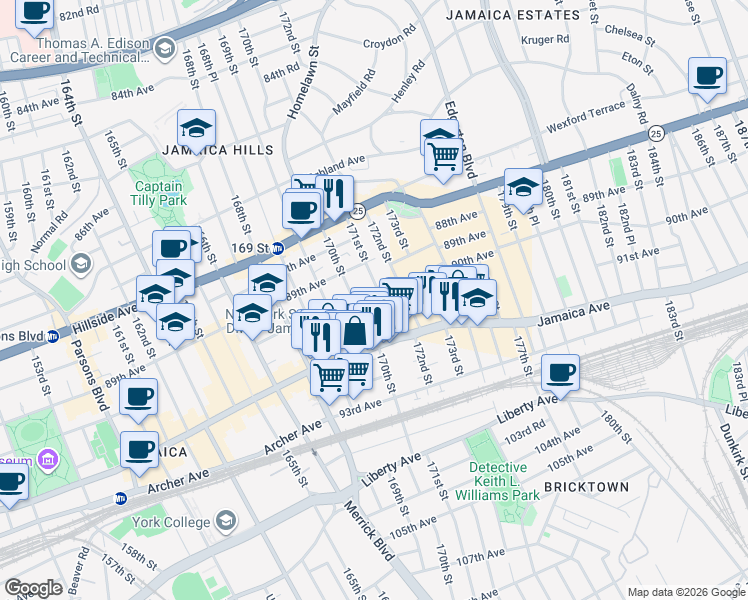map of restaurants, bars, coffee shops, grocery stores, and more near 90-16 171st Street in Queens