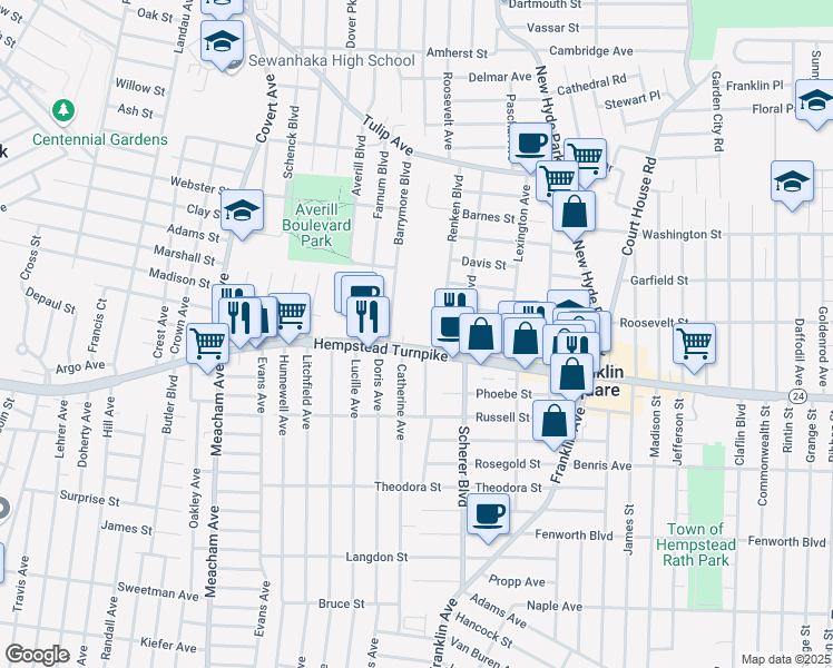 map of restaurants, bars, coffee shops, grocery stores, and more near 1150 Hempstead Turnpike in Franklin Square