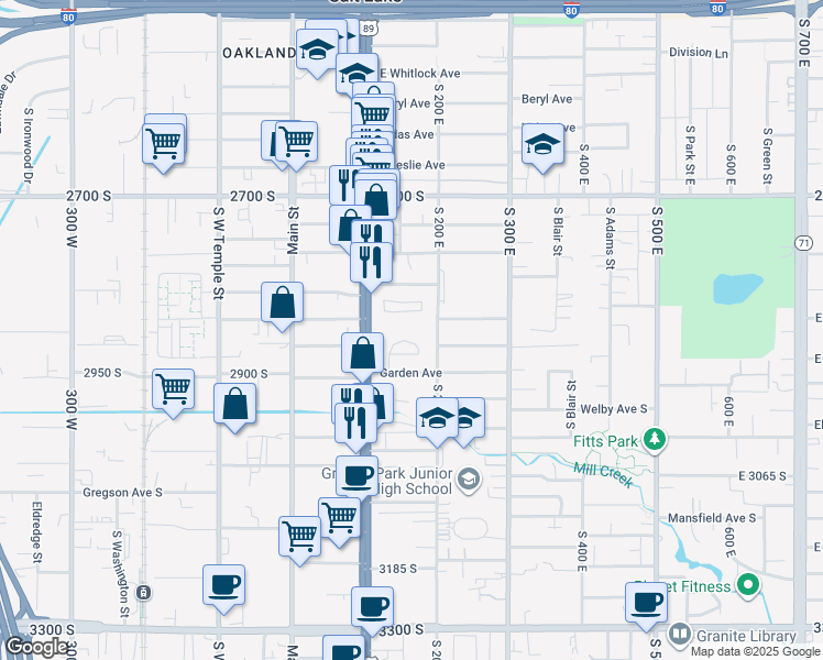 map of restaurants, bars, coffee shops, grocery stores, and more near 153 Garden Park Circle in South Salt Lake