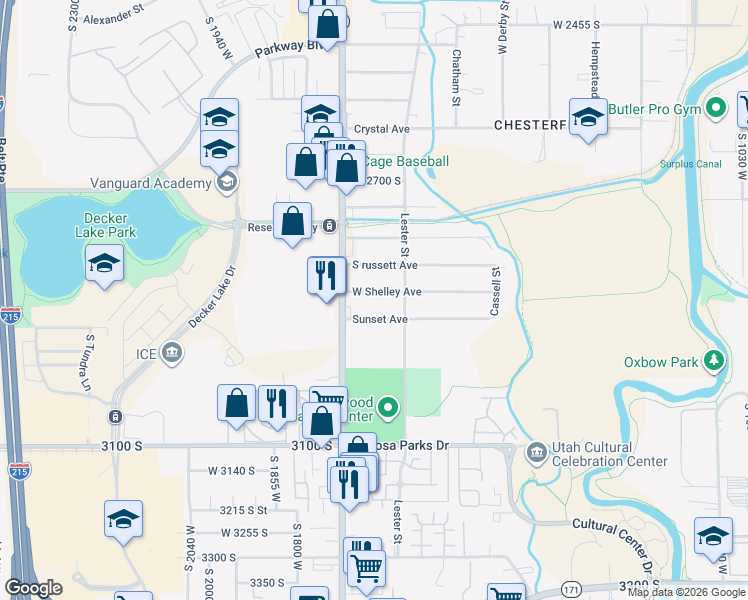 map of restaurants, bars, coffee shops, grocery stores, and more near 1634 Sunset Avenue in West Valley City
