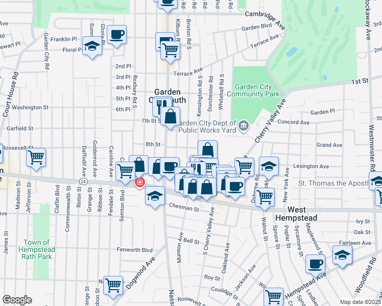 map of restaurants, bars, coffee shops, grocery stores, and more near 64 Brixton Road South in West Hempstead