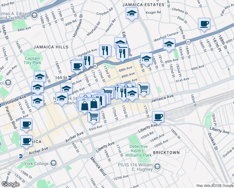 map of restaurants, bars, coffee shops, grocery stores, and more near 91-03 172nd Street in Queens