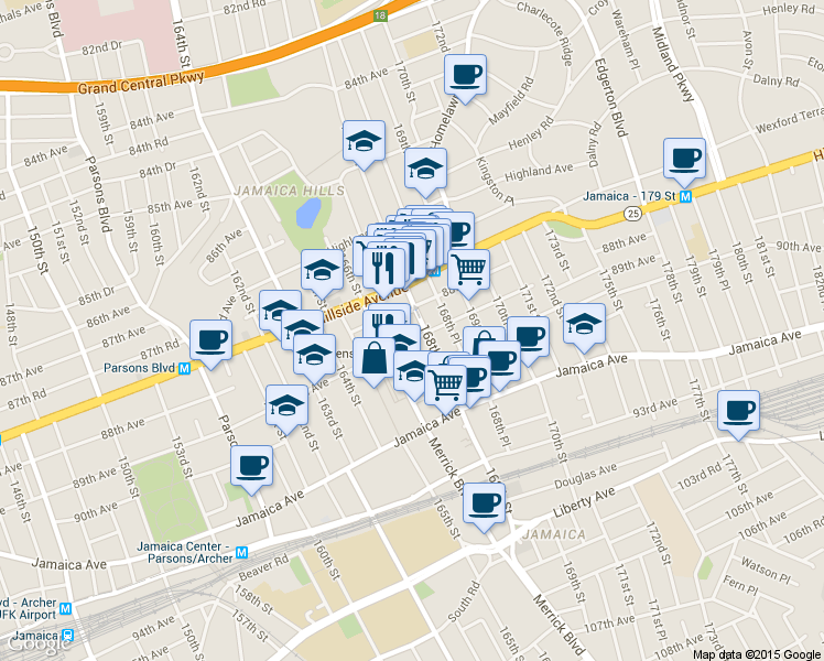map of restaurants, bars, coffee shops, grocery stores, and more near 166-26 89th Avenue in Queens