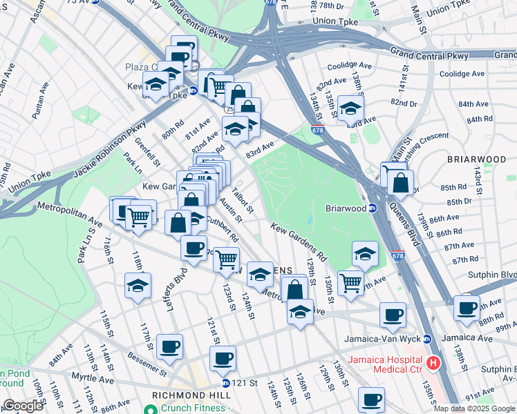 map of restaurants, bars, coffee shops, grocery stores, and more near 84-24 Kew Gardens Road in Queens
