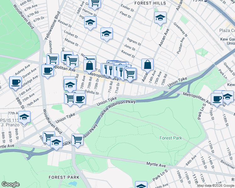 map of restaurants, bars, coffee shops, grocery stores, and more near 93-03 71st Drive in Queens