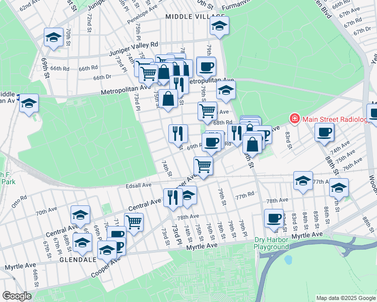map of restaurants, bars, coffee shops, grocery stores, and more near 76-04 69th Road in Queens