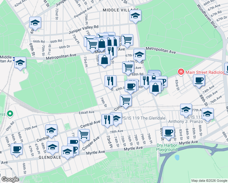 map of restaurants, bars, coffee shops, grocery stores, and more near 76-04 69th Road in Queens