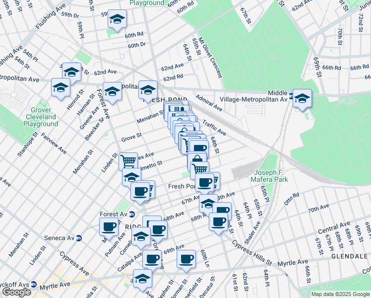 map of restaurants, bars, coffee shops, grocery stores, and more near 60-61 Palmetto Street in Queens
