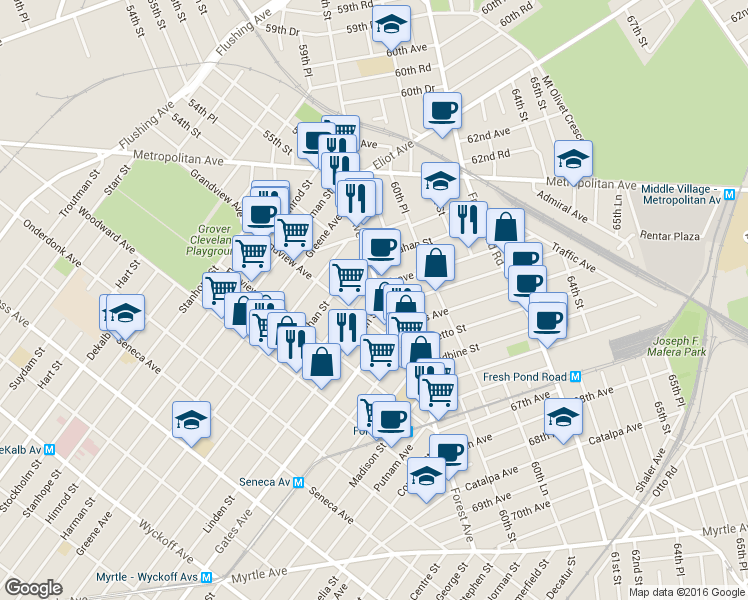 map of restaurants, bars, coffee shops, grocery stores, and more near 21-12 Grove Street in Queens