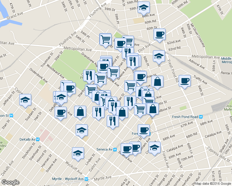map of restaurants, bars, coffee shops, grocery stores, and more near 20-13 Bleecker Street in Queens