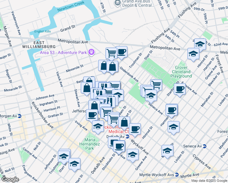 map of restaurants, bars, coffee shops, grocery stores, and more near in Queens