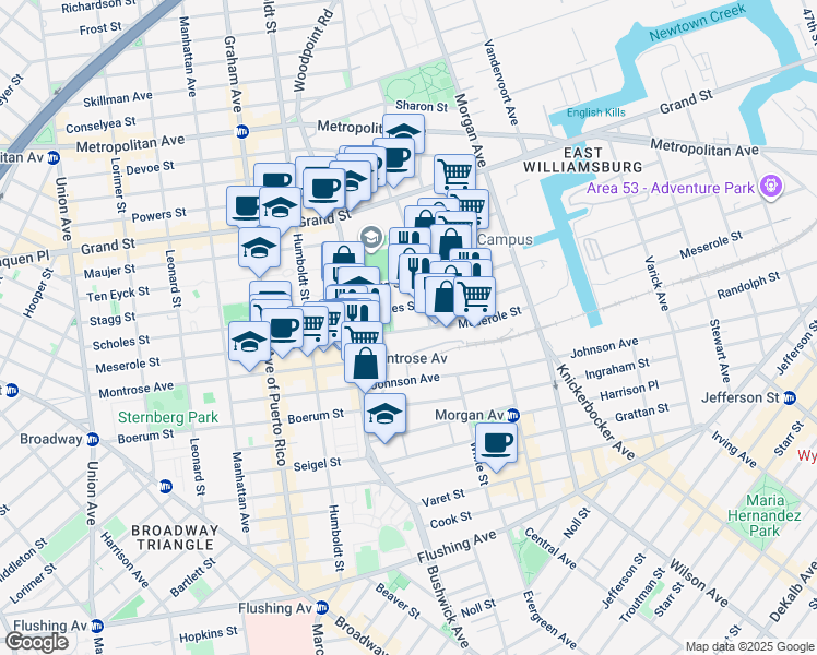 map of restaurants, bars, coffee shops, grocery stores, and more near 258 Meserole Street in Brooklyn