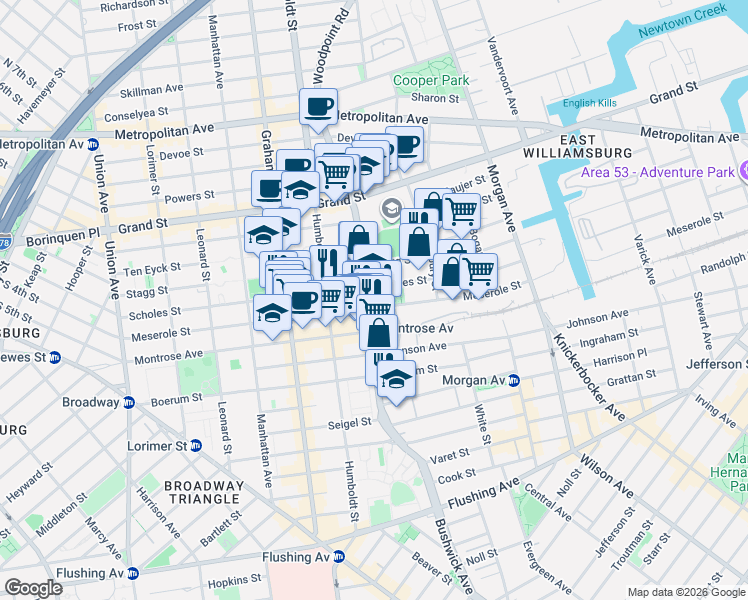 map of restaurants, bars, coffee shops, grocery stores, and more near in Brooklyn