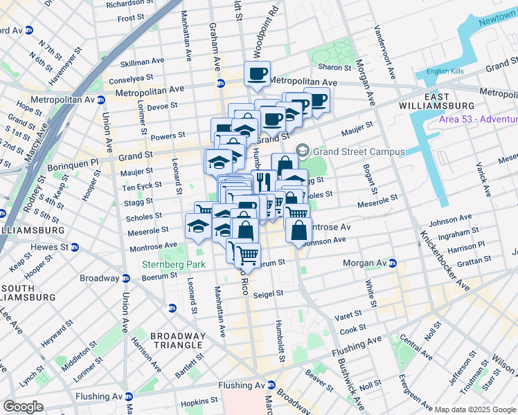 map of restaurants, bars, coffee shops, grocery stores, and more near 165 Meserole Street in Brooklyn